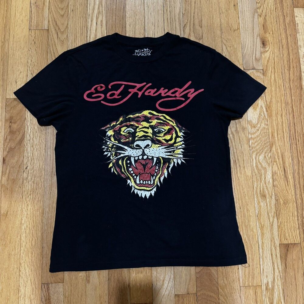 Vintage Y2K Ed Hardy Tiger Spellout Double Sided Graphic T-Shirt Rap Men’s Small